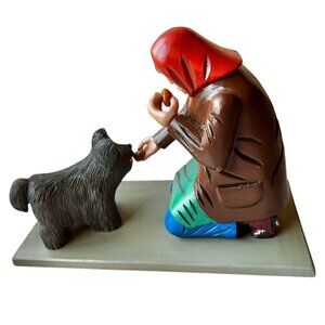 Dan Tokosch Folk Art Sculpture Woman Feeding Dog
